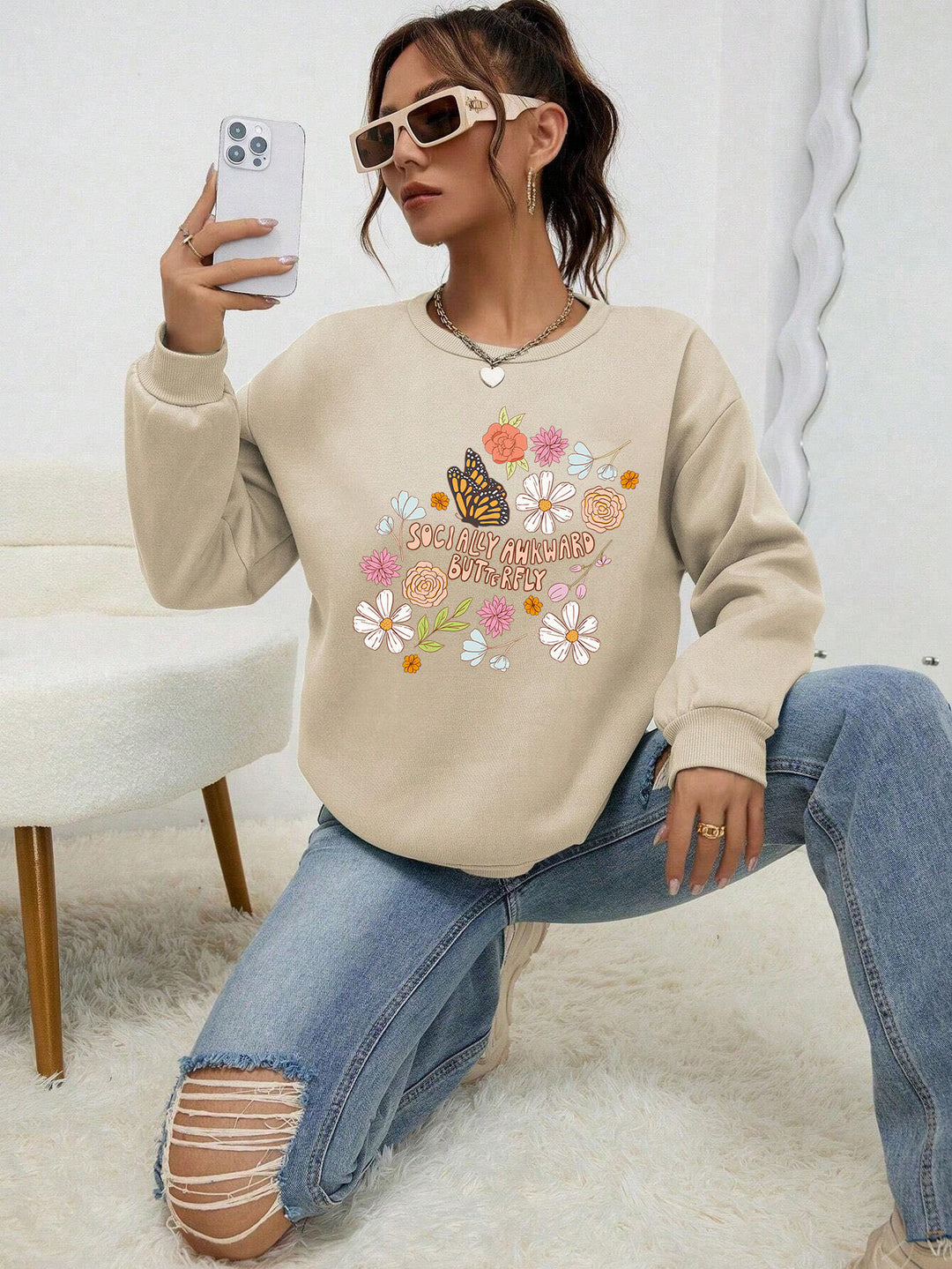 Kvinders sweatshirt med kreativ blomster mønster og inspirerende print Stilla