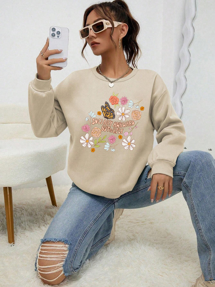 Kvinders sweatshirt med kreativ blomster mønster og inspirerende print Stilla