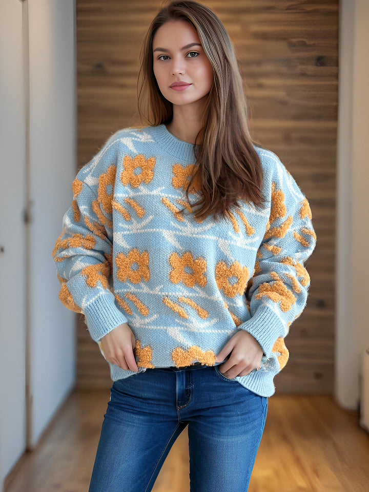 Kvindernes hyggelige strikket sweater med blomster 3D-applikationer Stilla