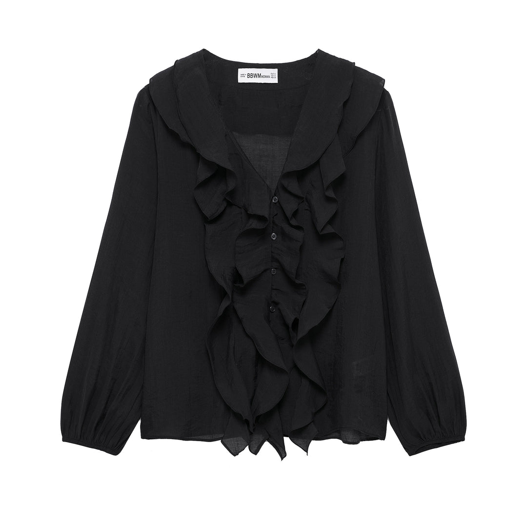 Femme Rufflesilke bluse med knaplukning Stilla