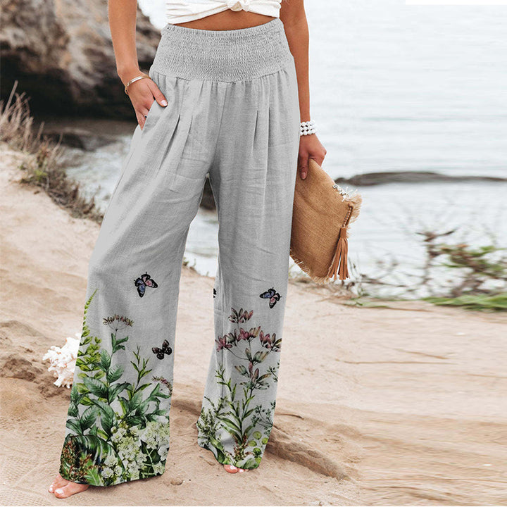 Dame bred Floral-bukser med elastisk linning og sidelommer Stilla