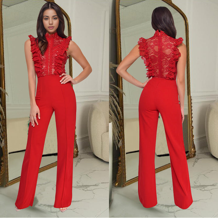 Dame Elegant Jumpsuit med Volangdetaljer og Transparent Overdel Stilla