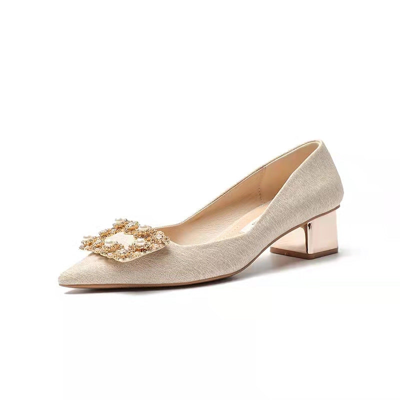 Dame Elegant Spidstoe Blockhæle Pumps med dekorative ædelstens-tilbehør Stilla
