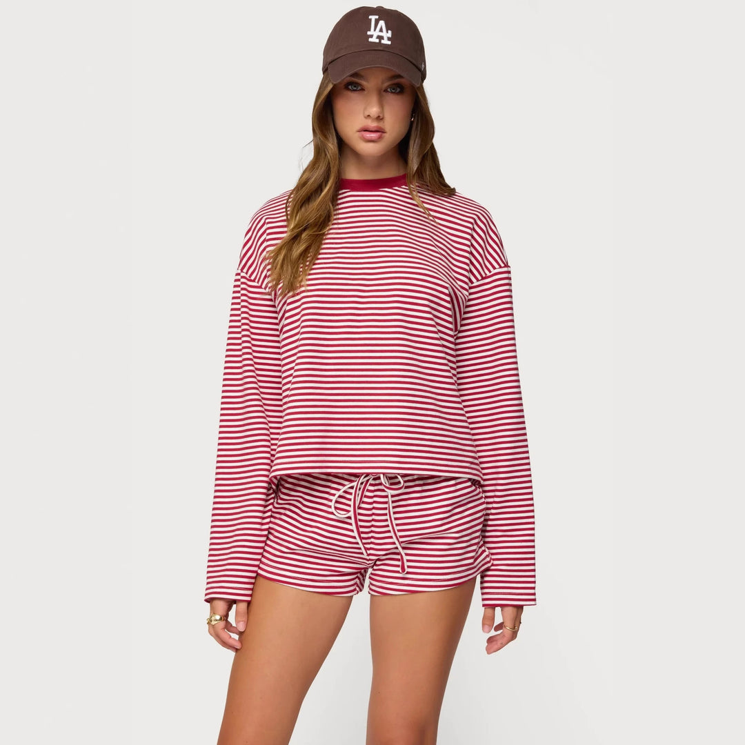 Dame Casual Stripe Loungewear Sæt med langærmet top og kort bukser Skovae