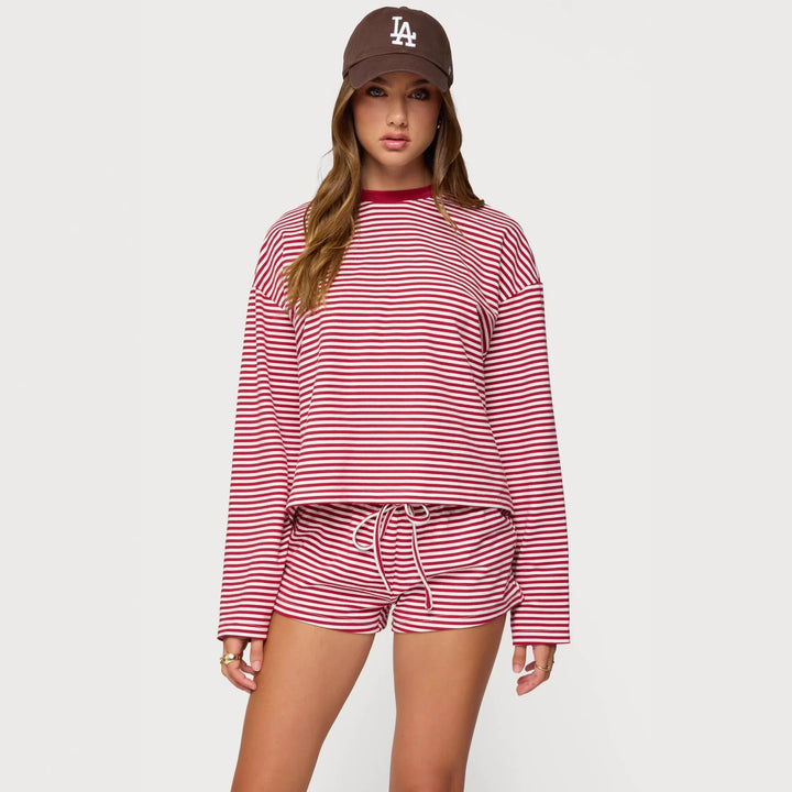 Dame Casual Stripe Loungewear Sæt med langærmet top og kort bukser Skovae
