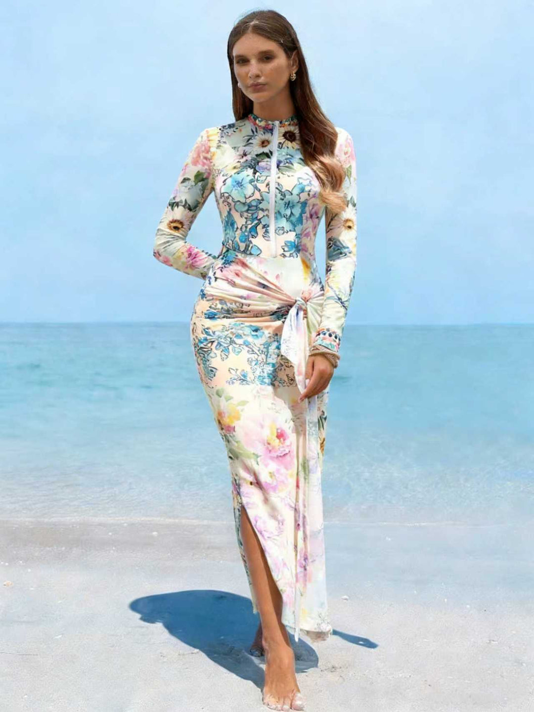 Dame Elegant Langærmet Strandkjole med blomsterdesign Skovae