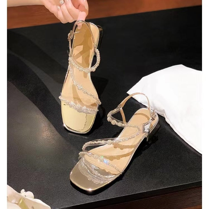 Dame Strass Sandaler med transparent remdesign og komfortabel blokhæl Stilla