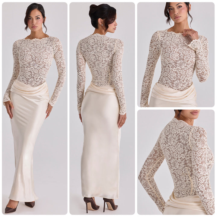 Kvinders elegante blondebluse med flydende satin-skirt Skovae