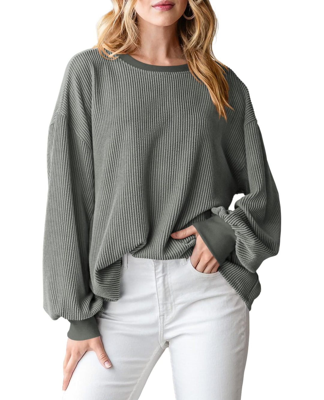 Dame afslappet sweater med ribstruktur og voluminøse ærmer Stilla