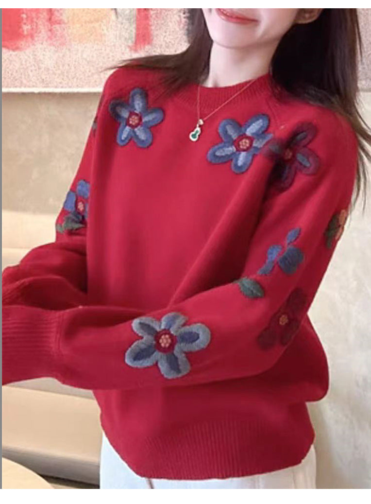Dame mode sweater med blomster broderi design Stilla