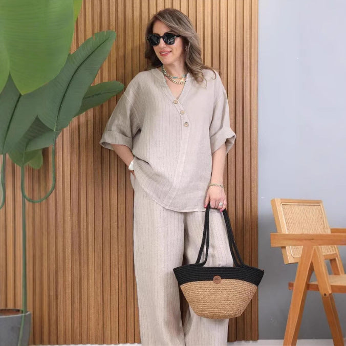 Dame Sommerlig Linnedbluse med brede Bukser Stilla