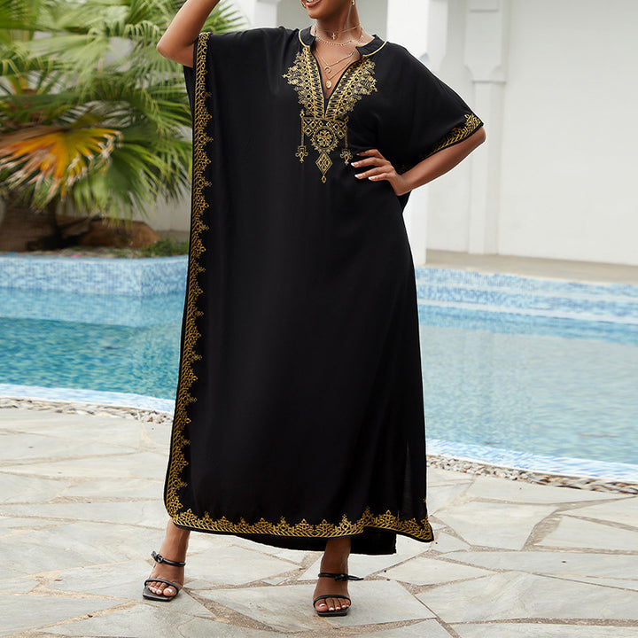 Dame Strandkaftan med kunstneriske broderier og sidelister Stilla