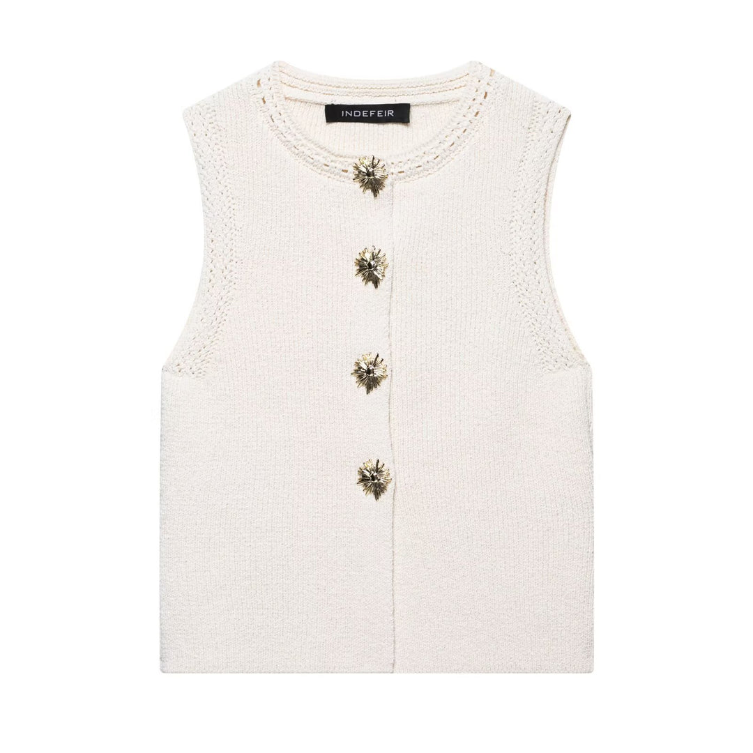 Femme Stilfulde Strikveste med Dekorative Knapper Stilla