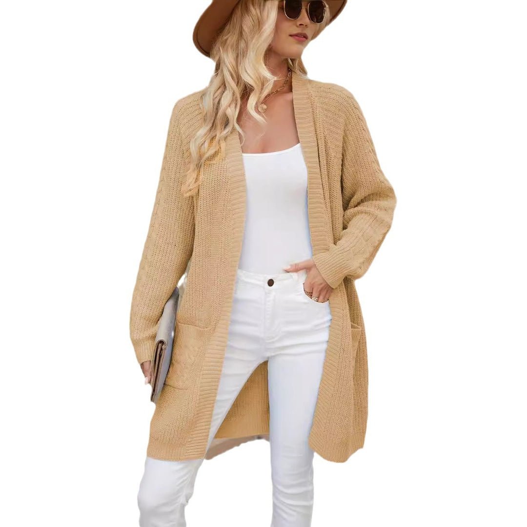 Femme Kabelstrik Åben-Front Cardigan med Lommer Stilla