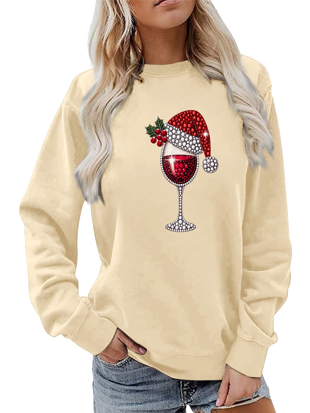 Kvinders sweatshirt med blødt foer og festligt vinmotiv Stilla