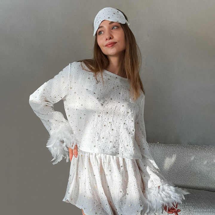 Dame elegant natkjole sæt med prydede ærmer og sovemaske Stilla