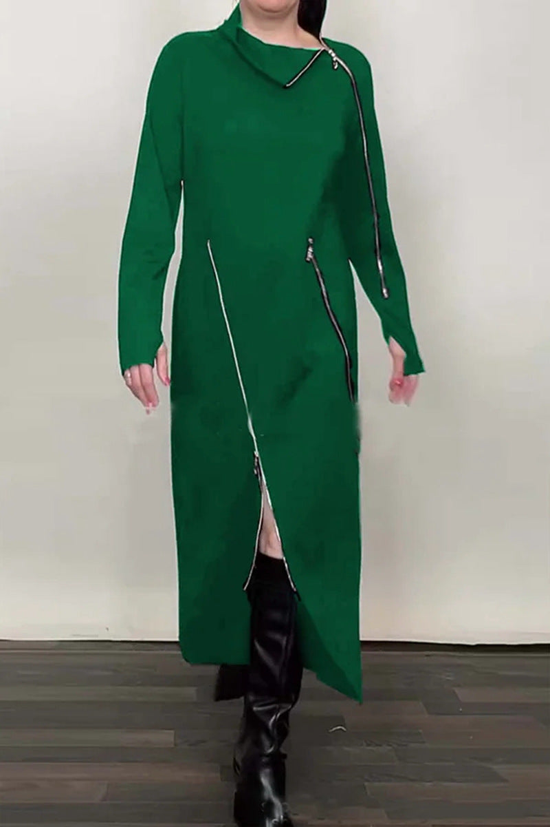 Dame nan langes strikkjole med asymmetrisk metallyzipper og frontsplit Skovae