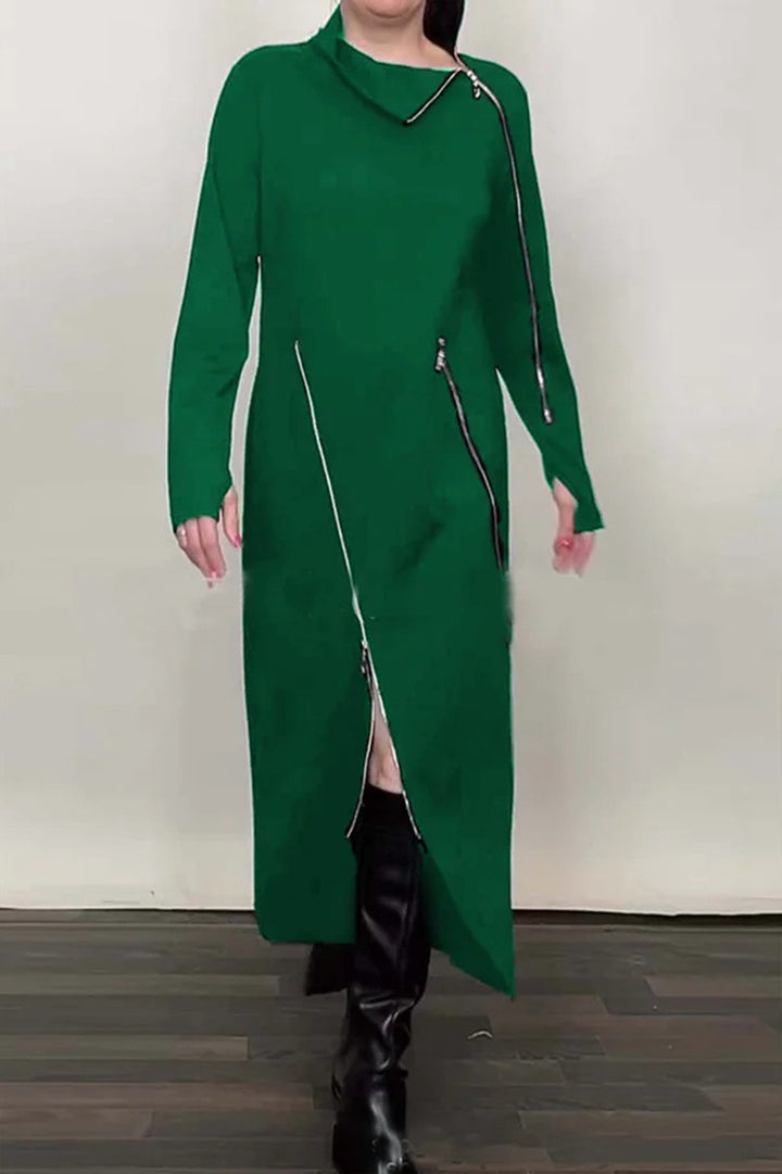 Dame nan langes strikkjole med asymmetrisk metallyzipper og frontsplit Skovae