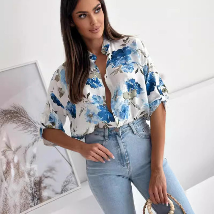 Dame blomster mønster knap-bluse Stilla