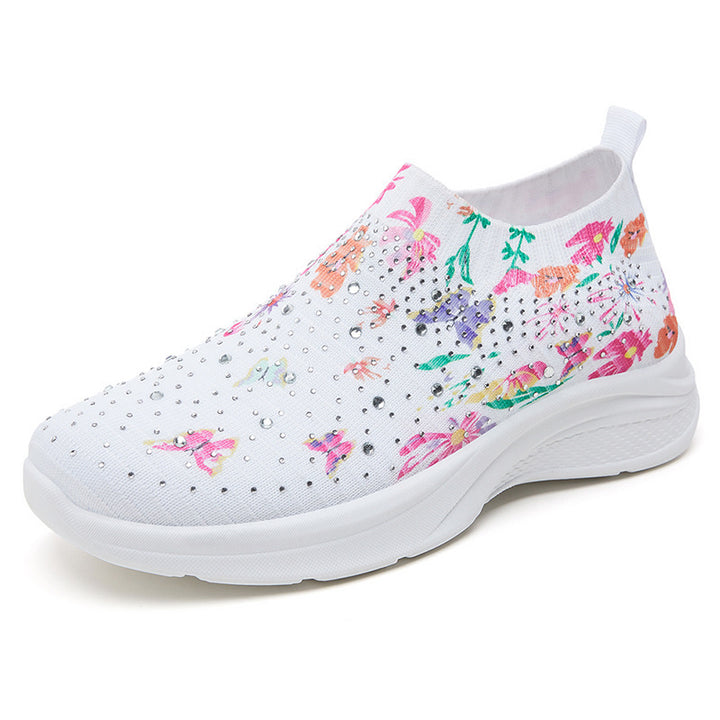 Dame Elastiske Slip-On Sneakers med floralt Strassdesign og dæmpende sål Stilla
