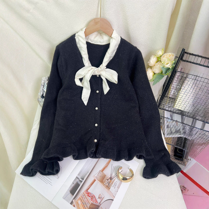 Damernes elegante cardigan med flæser og sløjfe krave Stilla