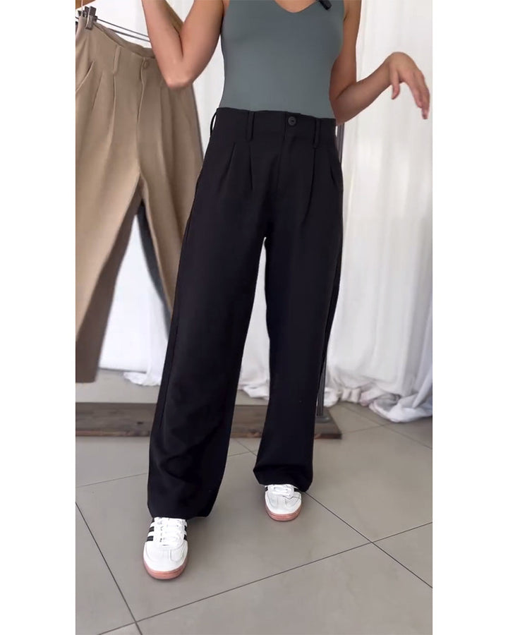 Dame nan elegante sako-inspirerede plisserede bukser med høj talje pasform, lige bred ben og sidelommer Skovae