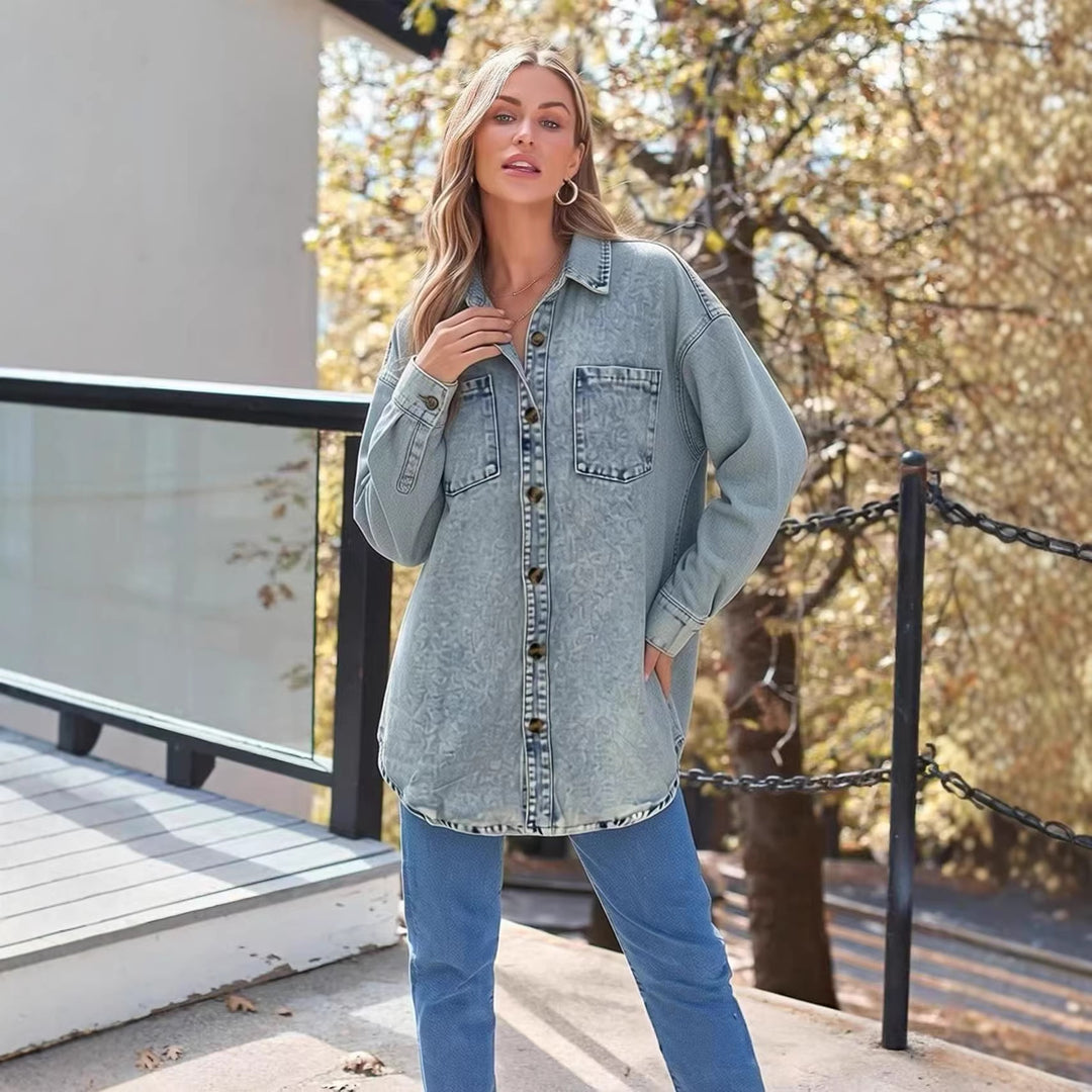 Dame Oversized Denim-Skjorte med påsatte lommer Skovae