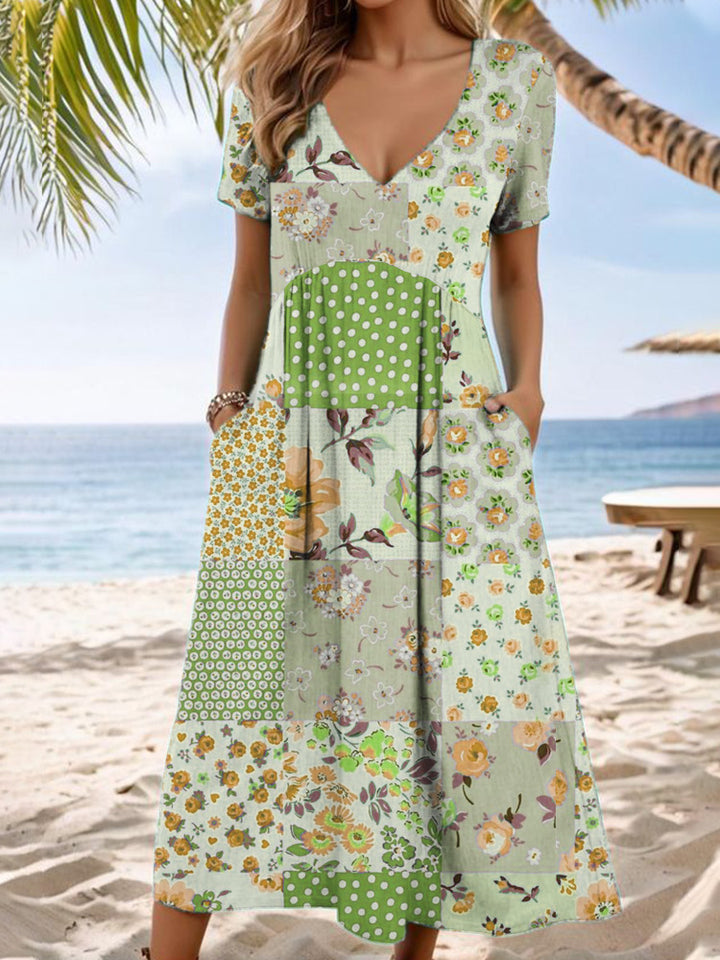 Dame Maxikjole med blomster patchwork-design Skovae