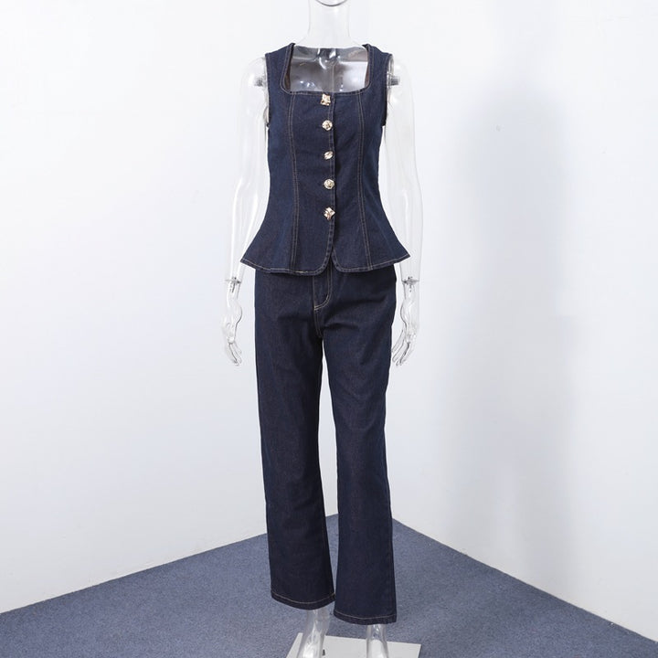 Dame Jeans-Overall med taljeret silhuet og elegante knapdetaljer