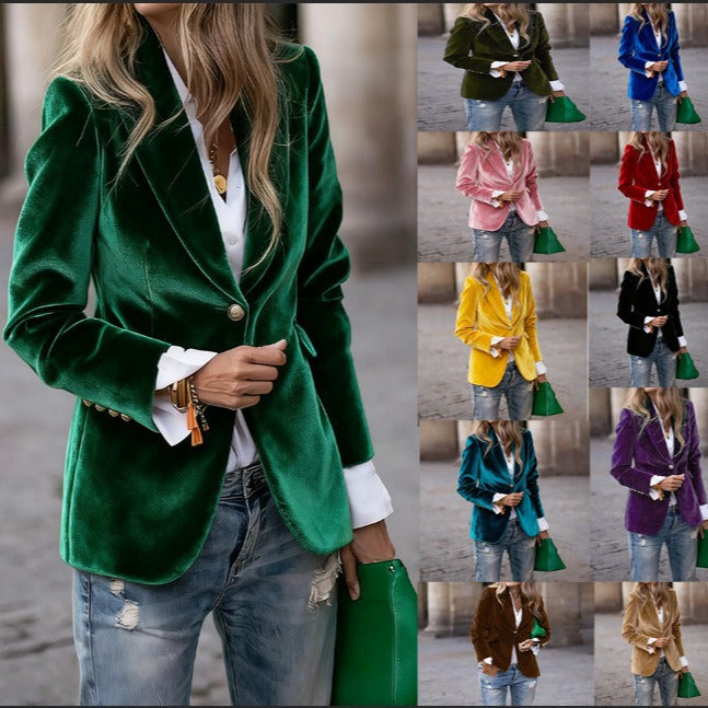 Damer Elegant Fløjl Blazer med Skræddersyet Pasform og Guld Knapper Stilla