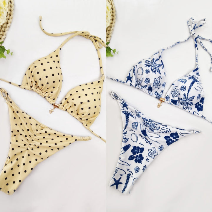 Dame triangel-bikini med blomsterdesign og justerbare stropper Skovae
