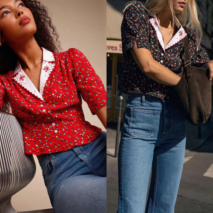 Damebluse med florale accenter og elegant krave Stilla