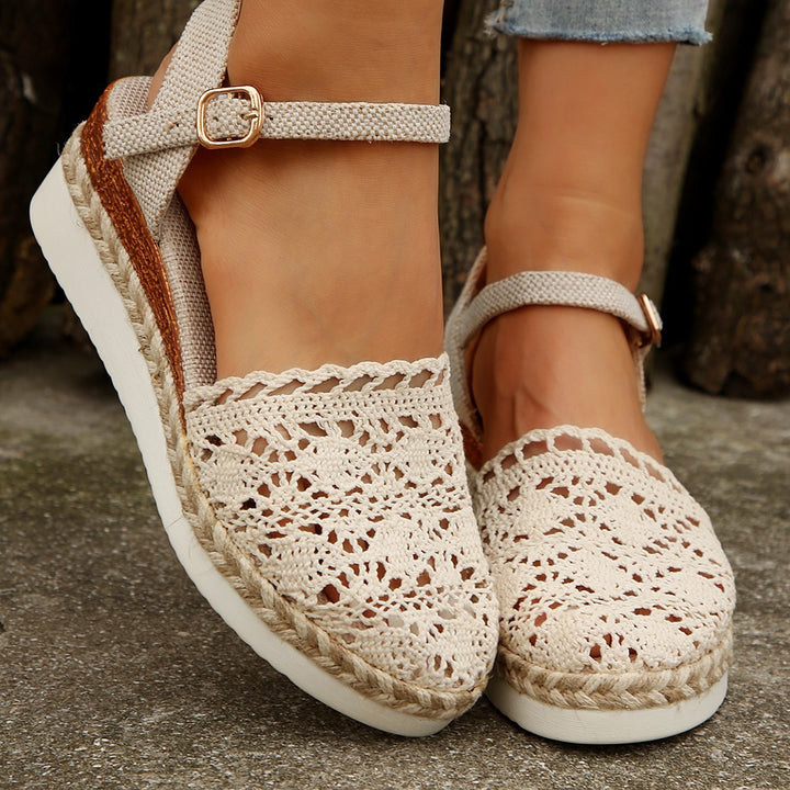 Dame elegante espadrillos med håndlavet hækle-design og justerbar ankelrem Stilla
