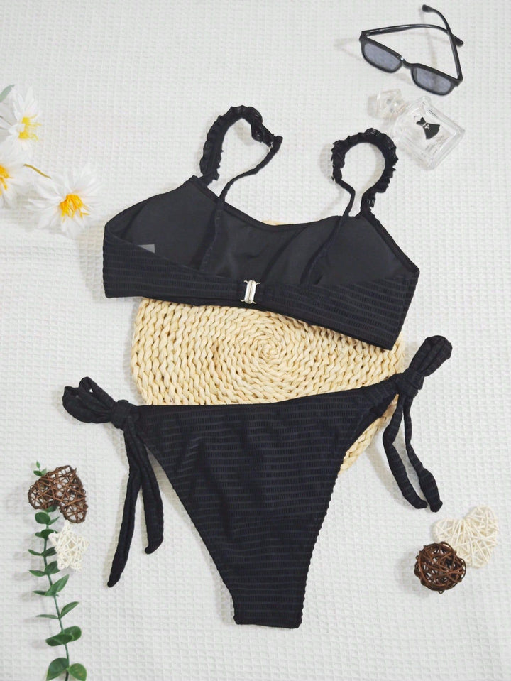 Dame Rynket Crop Top og Binde-Sider Bikini Sæt Stilla