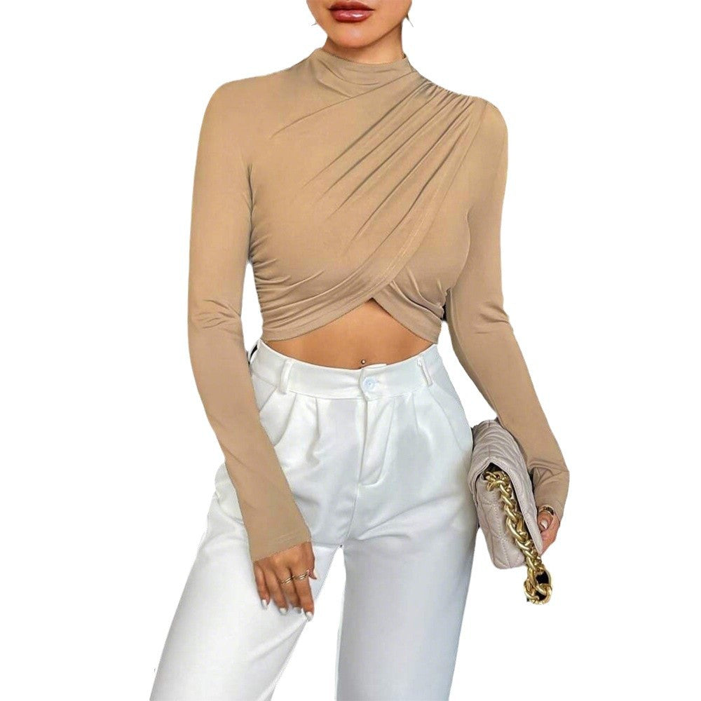 Kvindernes Langærmede Crop Top med Asymmetrisk Drapering og Elegant Ståkrave Stilla