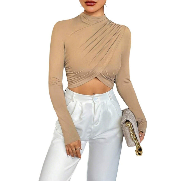 Kvindernes Langærmede Crop Top med Asymmetrisk Drapering og Elegant Ståkrave Stilla