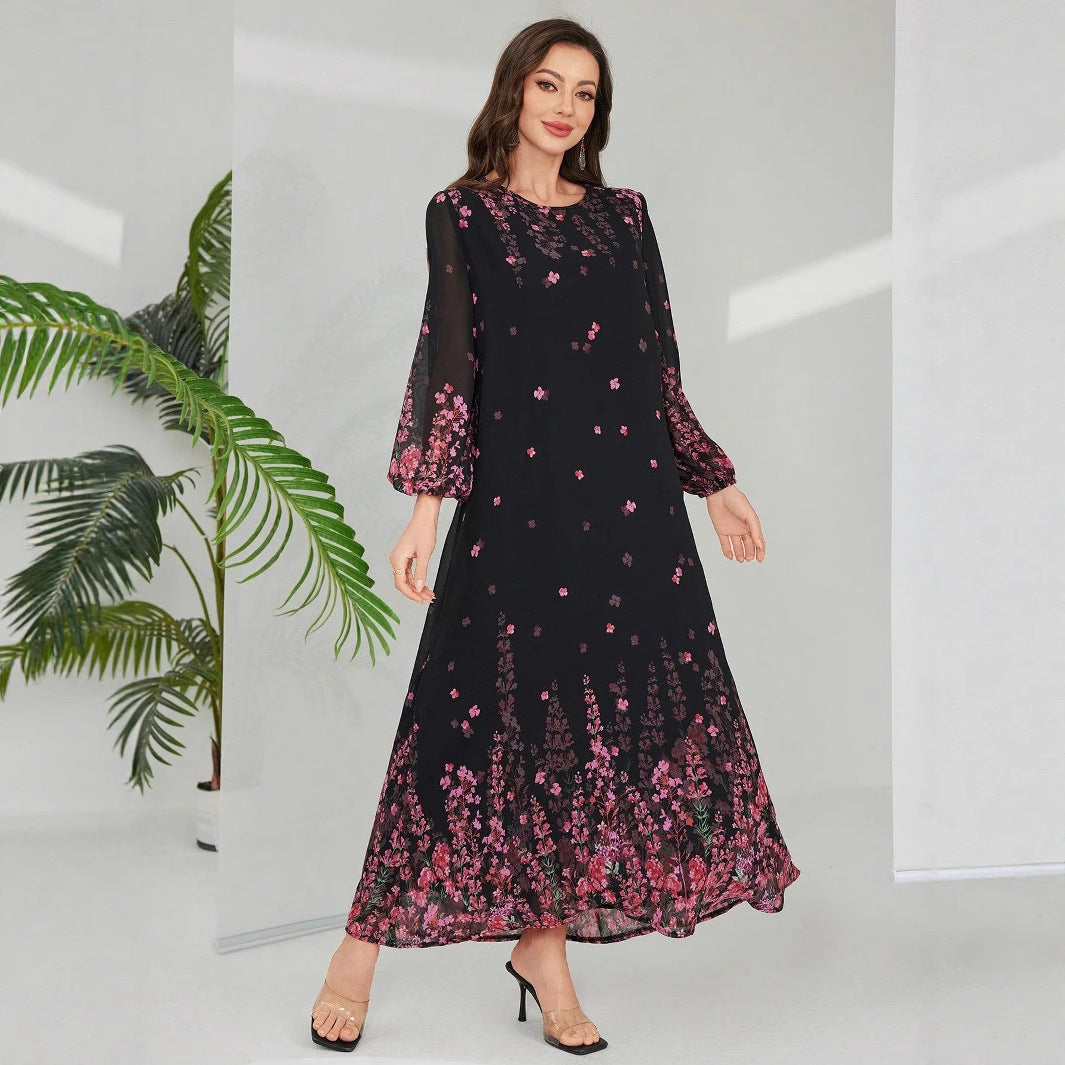 Dame maxikjole med blomster chiffon design og voluminøse ærmer Stilla