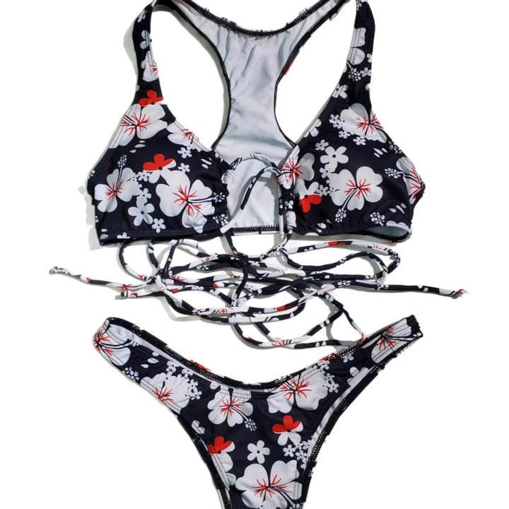 Dame triangel-bikini med spændende snøre-design og blomsterprint Skovae