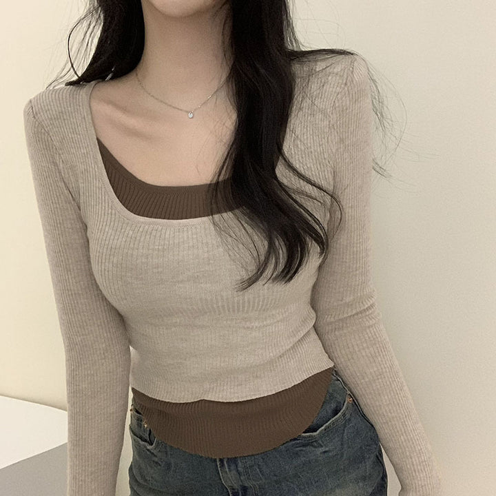 Dame Lange ærmet Crop-Top med dobbelt U-båd Halsudskæring og raffineret design Skovae
