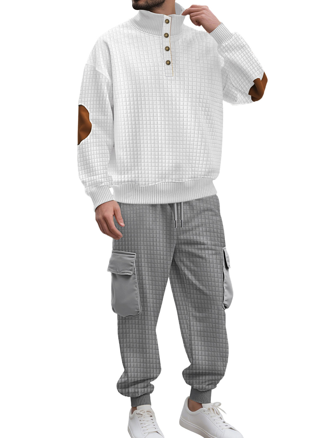 Herren nan Karo-relief-sweatset med ståkrave-knapliste, velour-ellbogenlapper og cargo-jogger Skovae