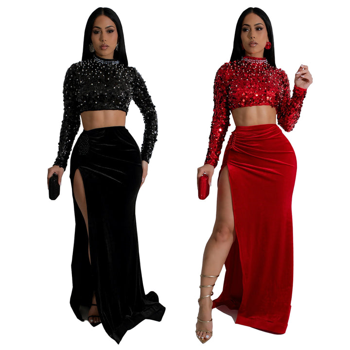 Dame Glitrende Crop-Top med lange ærmer og elegant Maxi-nederdel Kombination Stilla