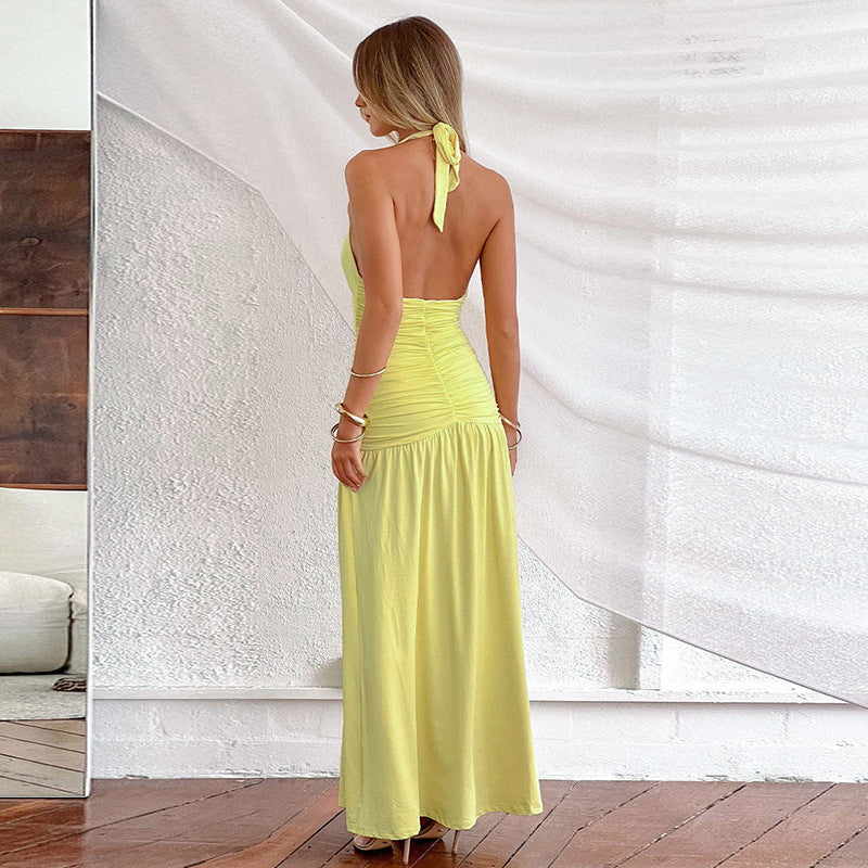Femme Elegantes Halterneck Maxi-Kjole med Rynkning Stilla