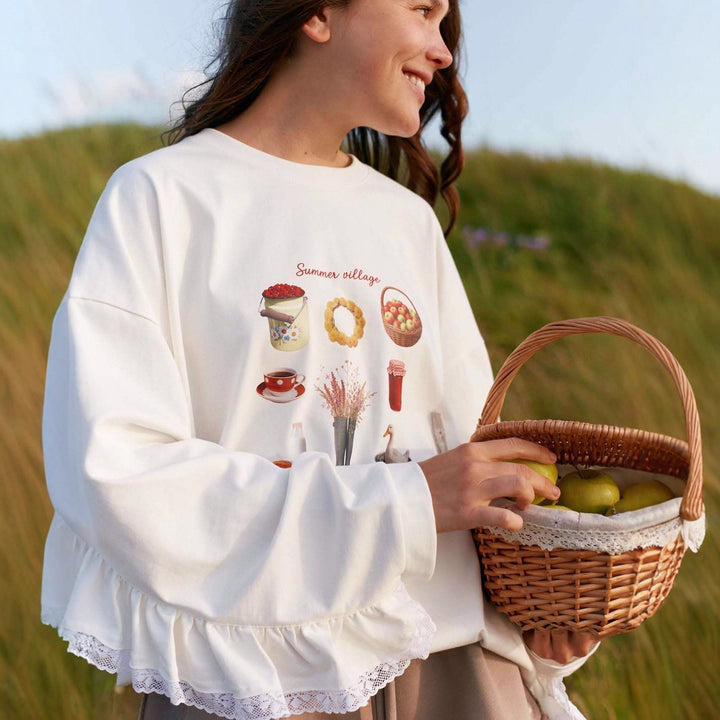 Kvinders sweatshirt med dekorativ blondekant og farverig grafisk tryk Stilla