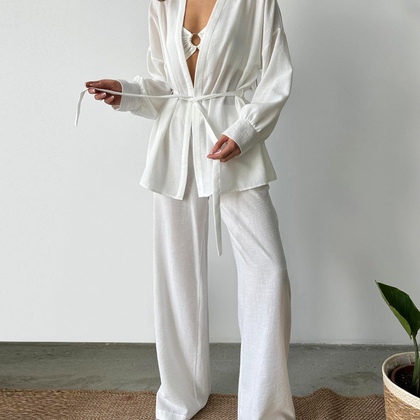 Damer elegant loungewear-sæt med løstsiddende blusejakke og bredt skårne bukser Stilla