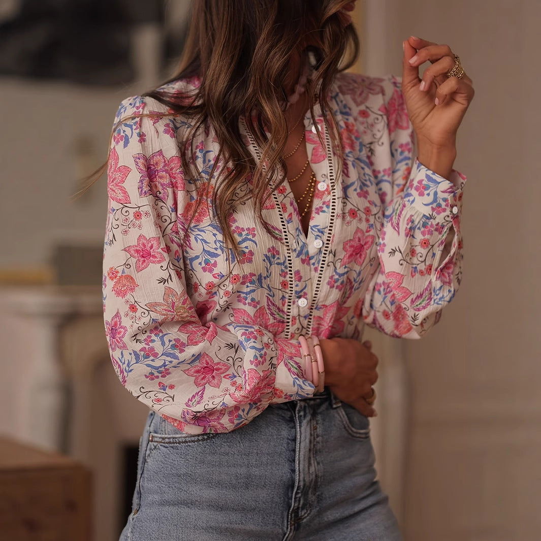 Dame Floral Print Button-Up Bluse med detaljerede detaljer Stilla