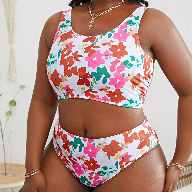 Dame-Bikini-sæt med blomsterøverdel og højt skåret slip Skovae
