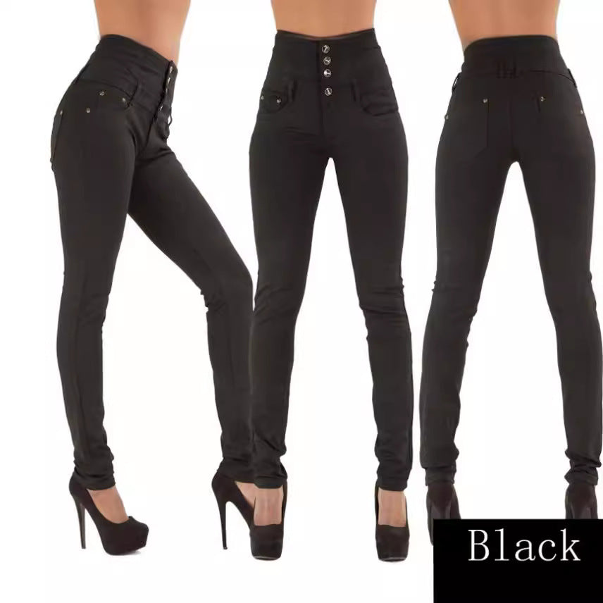 Dame højtaljede skinny jeans med dekorative knapper og samtidig figursiddende design Stilla
