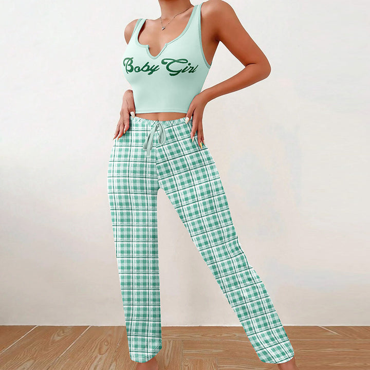 Dame afslappet Crop Top og ternet Bukser Sæt med justerbar linning Stilla