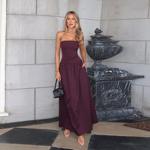 Dame elegant bandeau maxikjole med svingende nederdel og elastisk talje Skovae