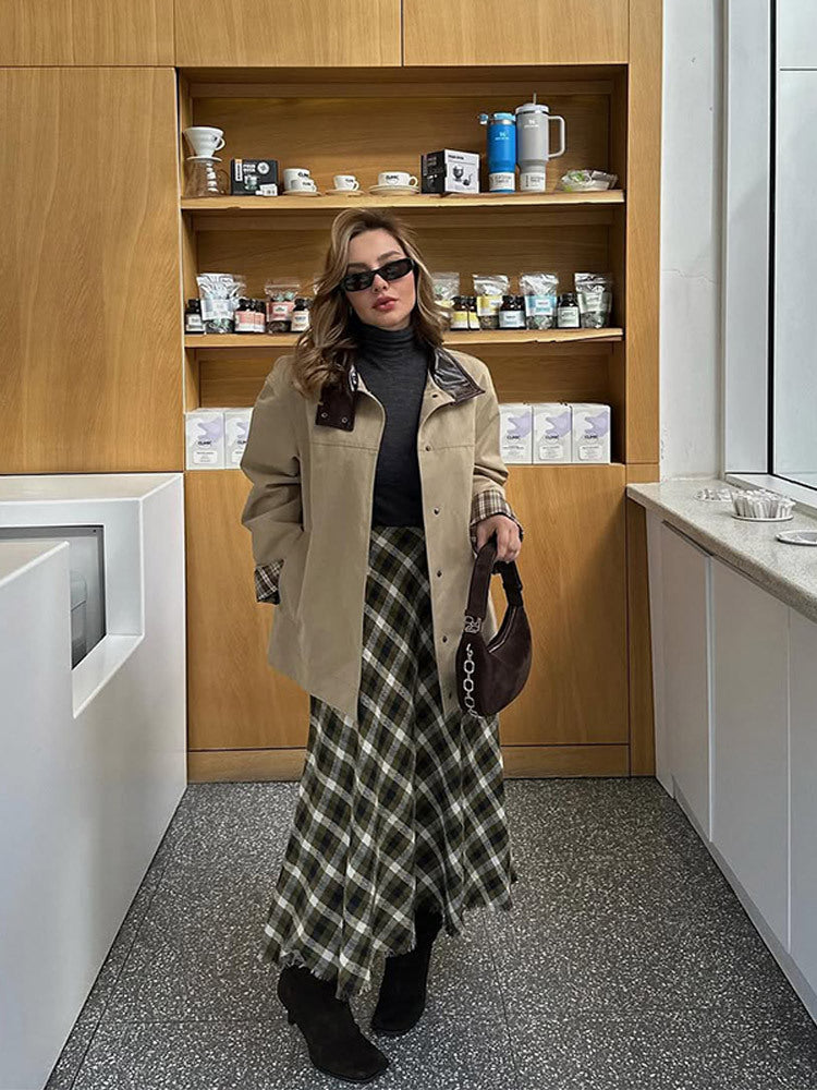 Dame afslappet Utility-jakke med mode plaid mønster Stilla